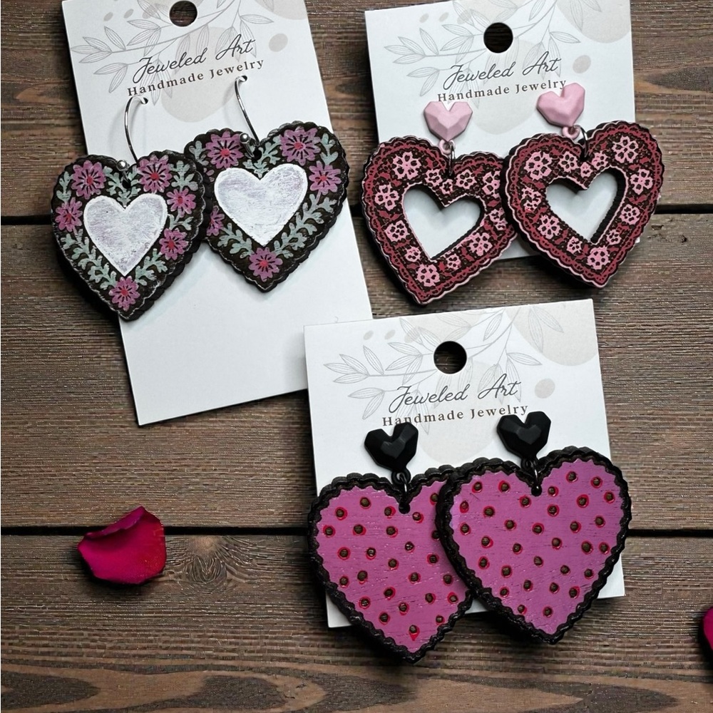 Jeweled Art Hand-Painted Romantic Decorated Cookie Hearts Wood Engraved Earrings